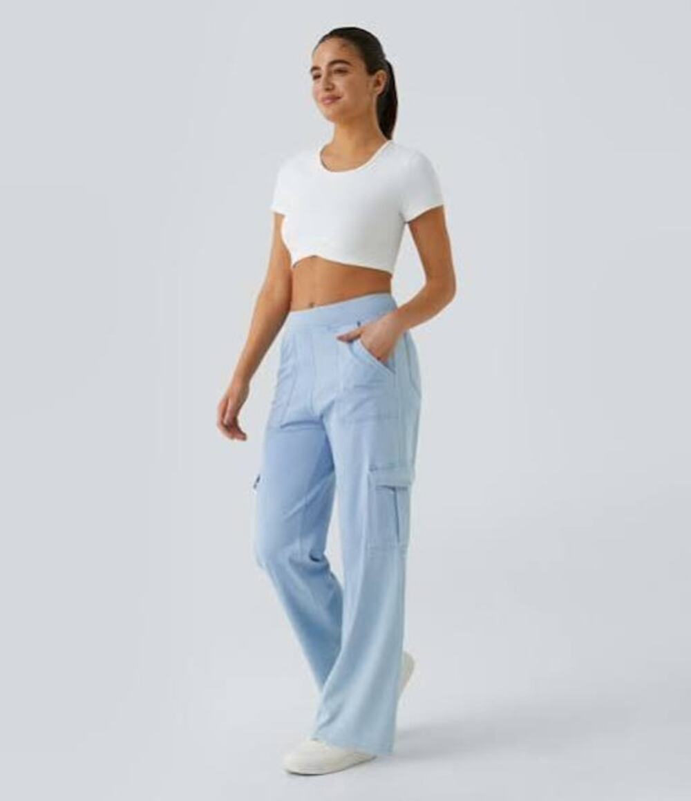 Halara Flex Mid Rise Straight Leg Cargo Jeans Light Wash Blue Small Tall NWT